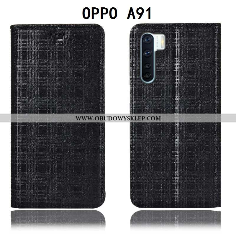 Etui Oppo A91 Skórzane Futerał Krata, Oppo A91 Wzór Pokrowce Bordowa