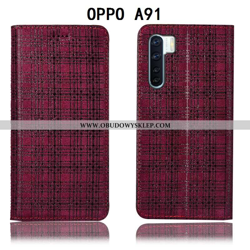 Etui Oppo A91 Skórzane Futerał Krata, Oppo A91 Wzór Pokrowce Bordowa