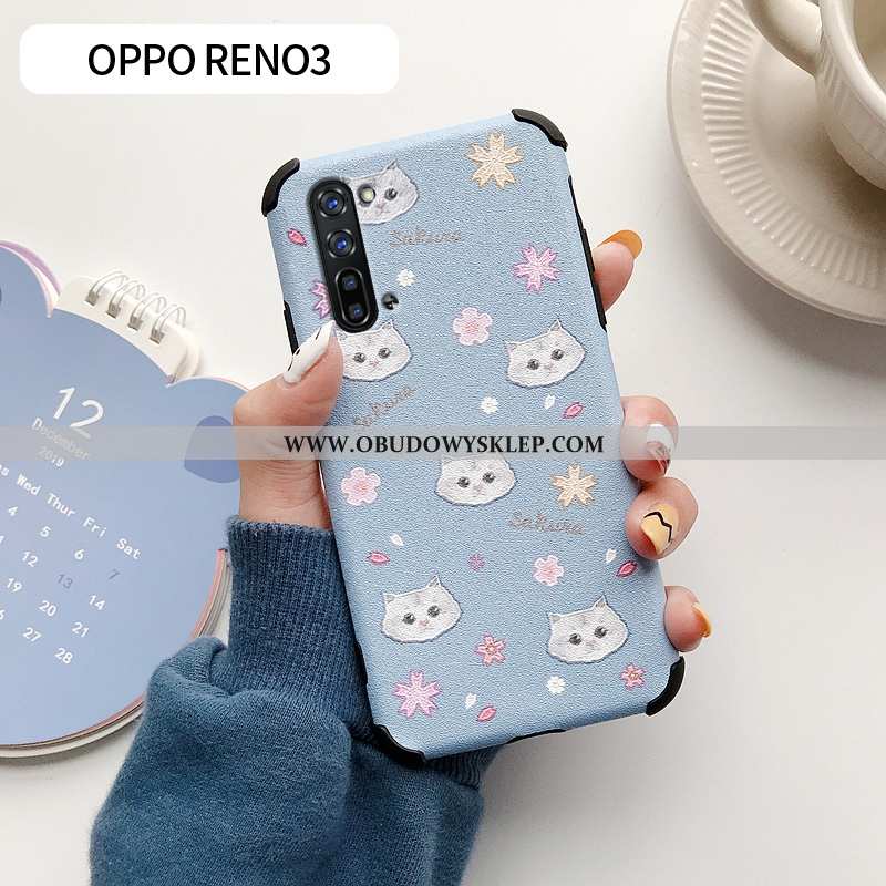 Etui Oppo Reno 3 Wzór Anti-fall Kreskówka, Futerał Oppo Reno 3 Super Kwiaty Niebieska