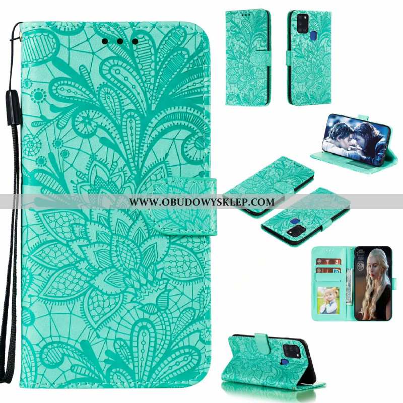 Etui Samsung Galaxy A21s Skórzane All Inclusive Zielony, Futerał Samsung Galaxy A21s Koronka Zielone