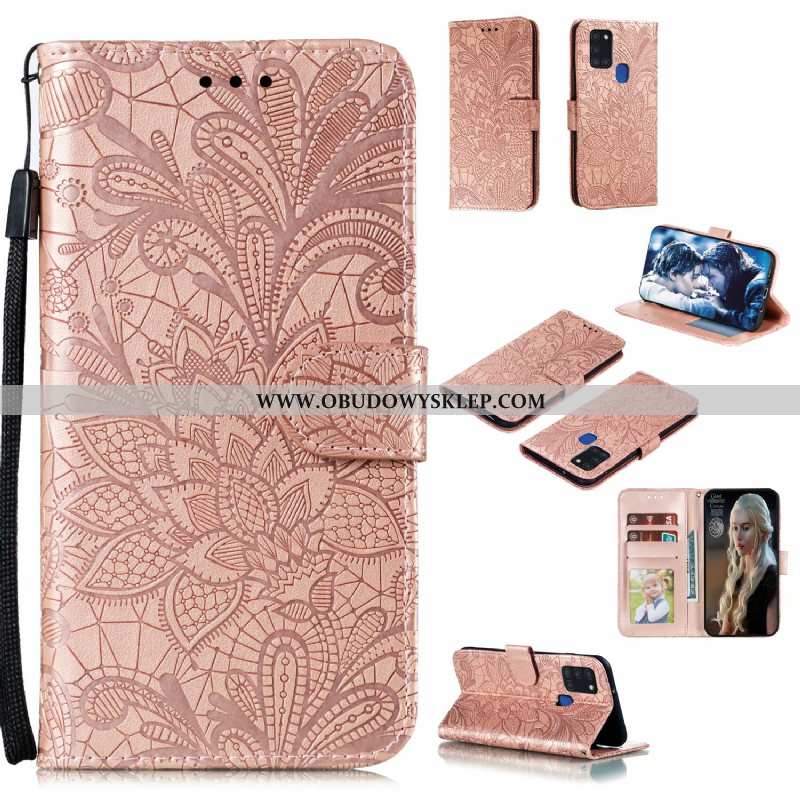 Etui Samsung Galaxy A21s Skórzane All Inclusive Zielony, Futerał Samsung Galaxy A21s Koronka Zielone