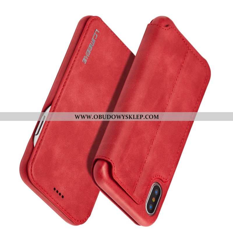 Etui iPhone X Skórzane Futerał Anti-fall, iPhone X Skóra Klapa Czerwona