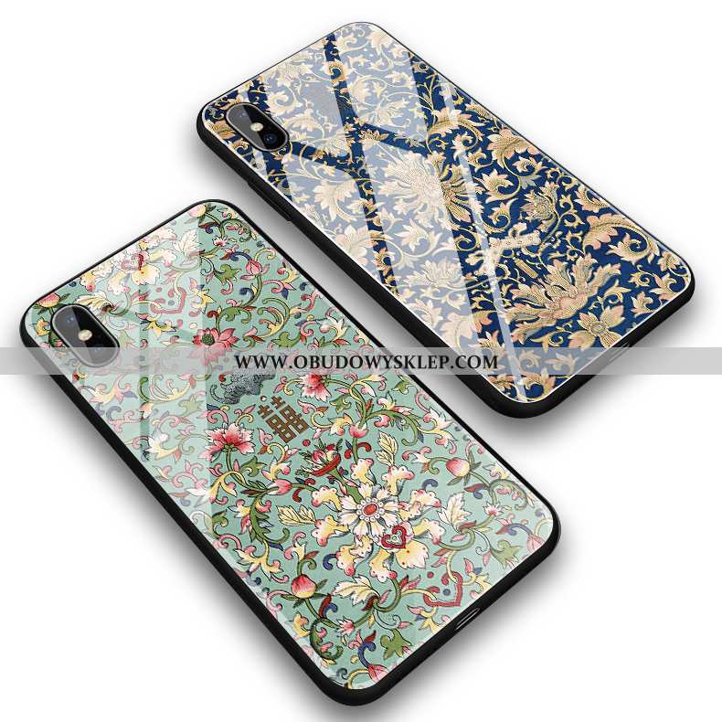 Etui iPhone Xs Max Vintage Szkło Kwiaty, Futerał iPhone Xs Max Wzór Anti-fall Zielone