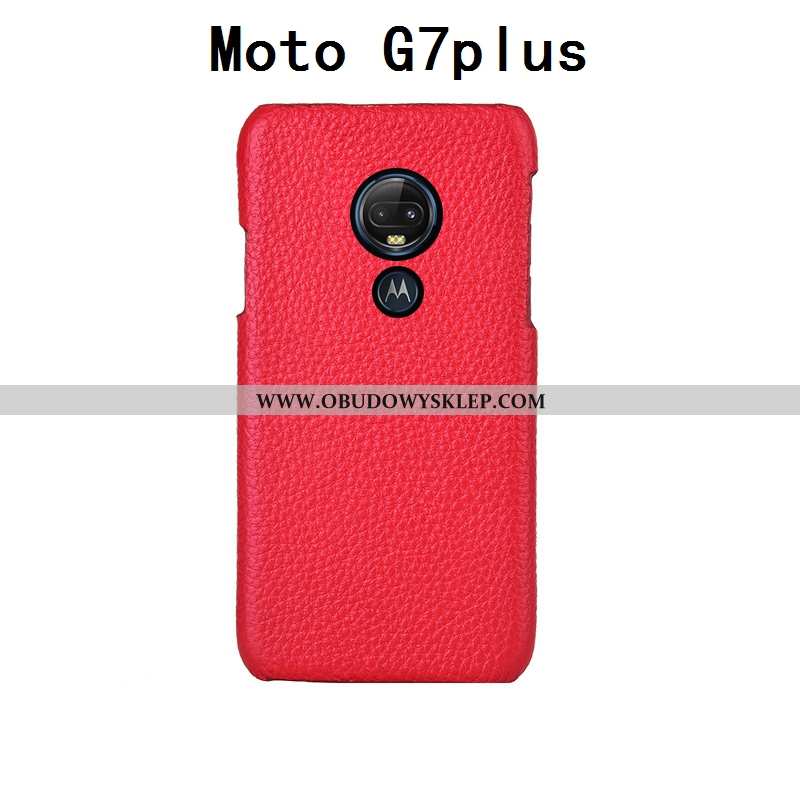 Futerał Moto G7 Plus Kreatywne Litchi Moda, Pokrowce Moto G7 Plus Prawdziwa Skóra Tylna Pokrywa Czer