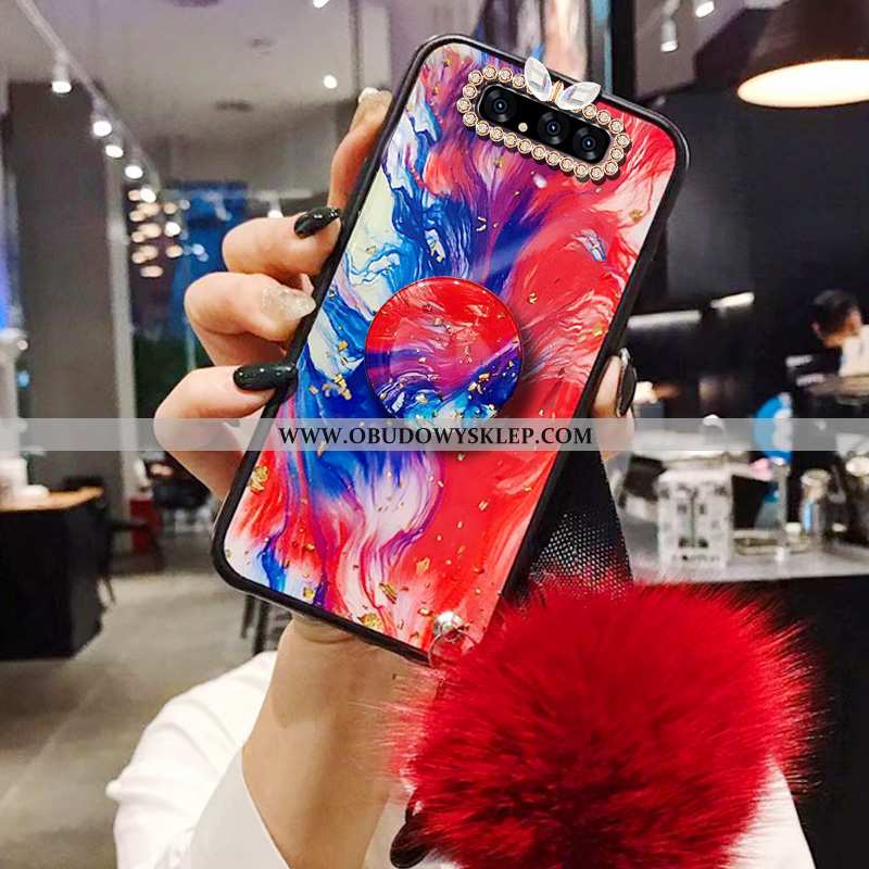 Futerał Samsung Galaxy A80 Z Kryształkami Czerwony Futrzany Pompon, Pokrowce Samsung Galaxy A80 Wisz