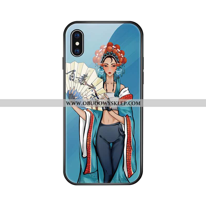 Obudowa iPhone Xs Szkło Vintage Chiński Styl, Etui iPhone Xs Osobowość Wysoki Koniec Niebieska