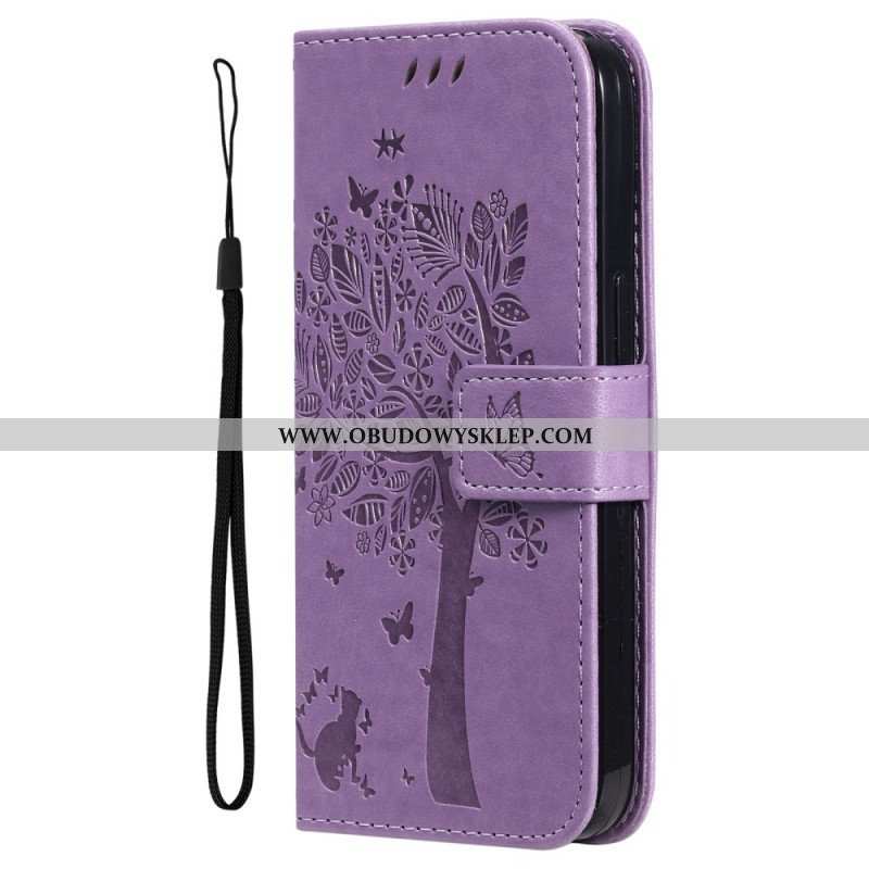 Etui Folio do Honor Magic 5 Lite z Łańcuch Drzewo I Pasiasty Kot