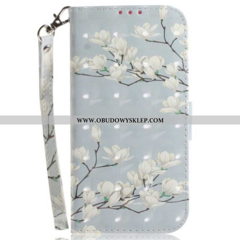 Etui Folio do OnePlus Nord 2T 5G z Łańcuch Kwiaty Magnolii W Paski