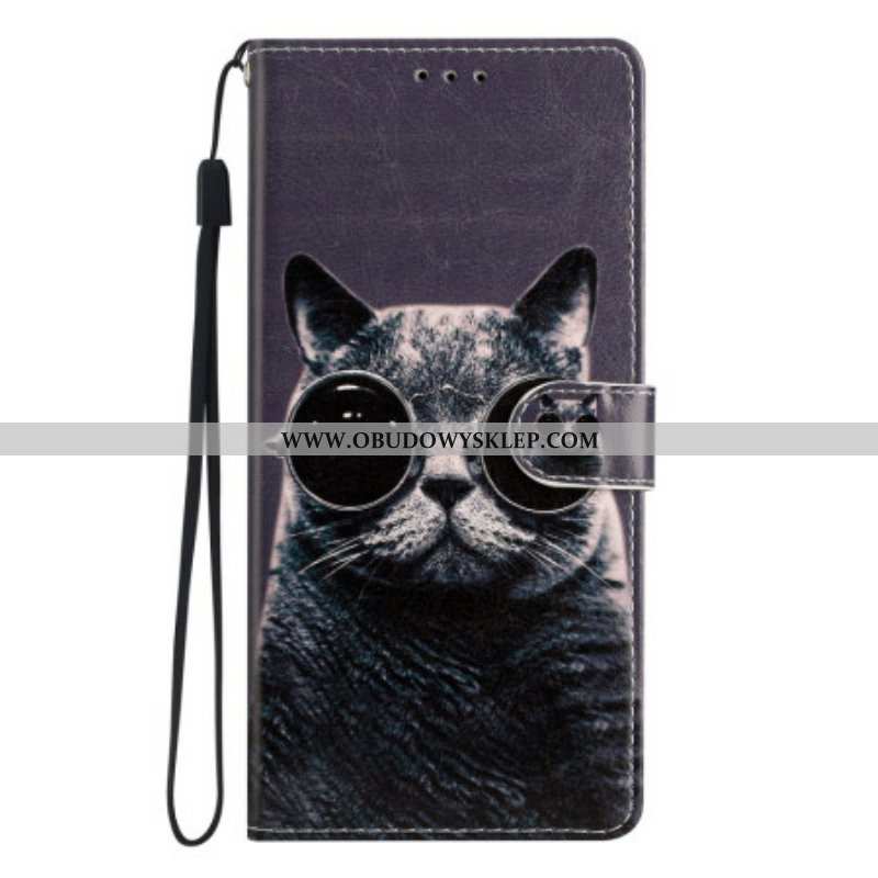 Etui Folio do Oppo Reno 8 z Łańcuch Okulary Z Paskami Dla Kota