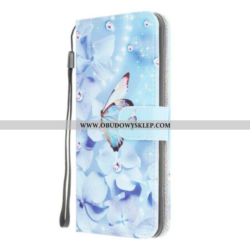 Etui Folio do Samsung Galaxy M12 / A12 z Łańcuch Diamentowe Motyle Na Ramiączkach