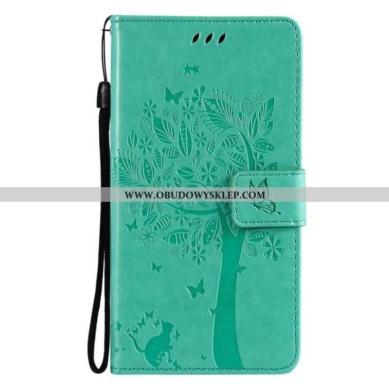 Etui Folio do Samsung Galaxy M12 / A12 z Łańcuch Drzewo I Pasiasty Kot