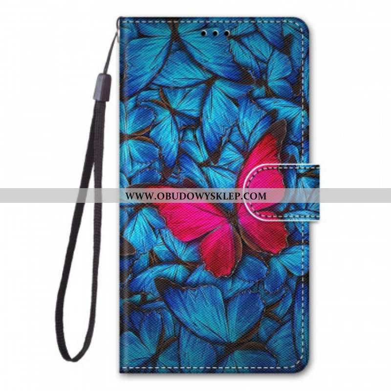 Etui Folio do Samsung Galaxy M23 5G Czerwony Motyl Niebieskim Tle