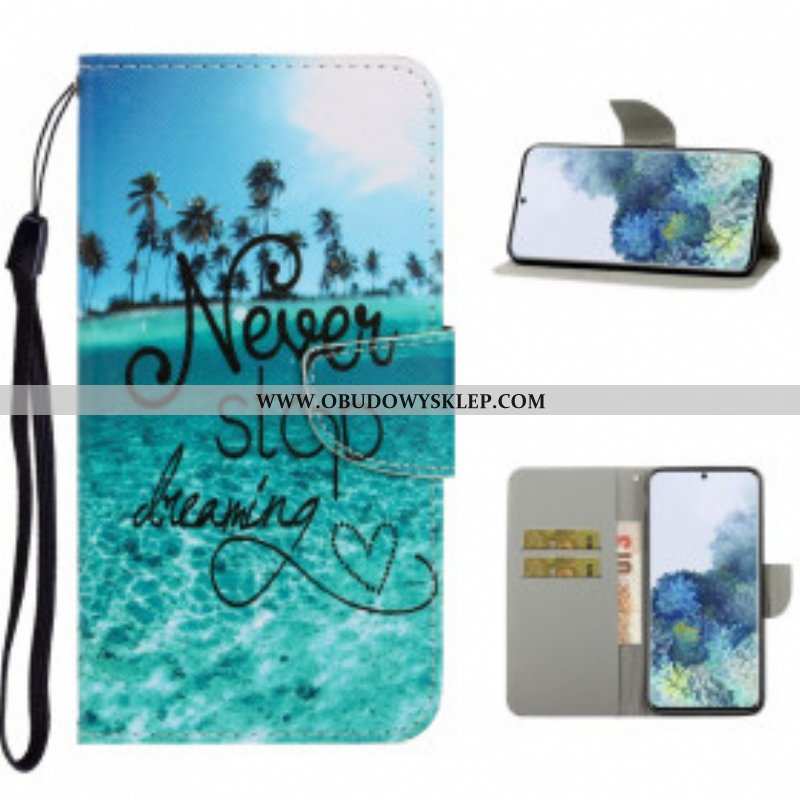 Etui Folio do Samsung Galaxy S21 Ultra 5G z Łańcuch Granatowy Pasek Na Ramiączkach Never Stop Dreami