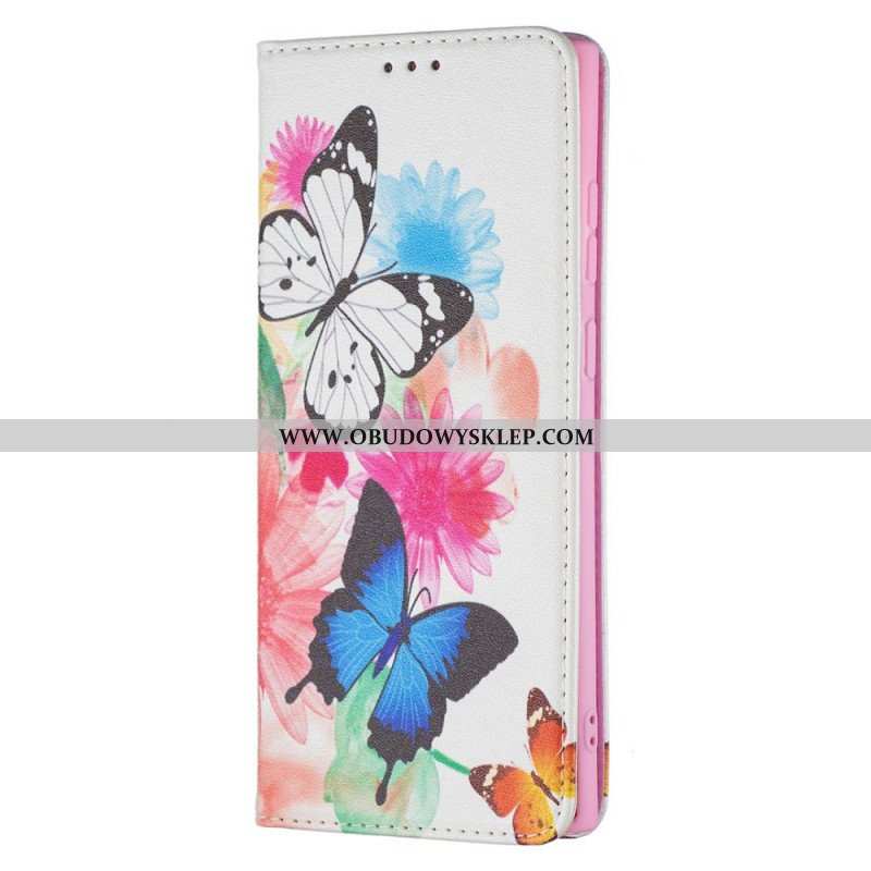 Etui Folio do Samsung Galaxy S22 Ultra 5G Malowane Motyle I Kwiaty