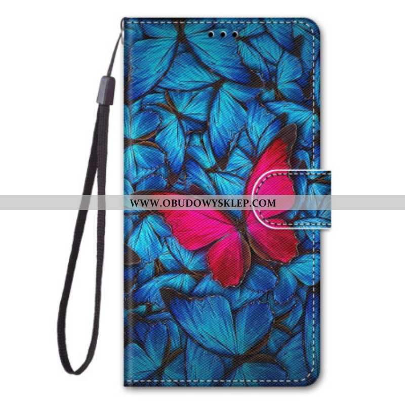 Etui Folio do Samsung Galaxy S23 Ultra 5G Czerwony Motyl Niebieskim Tle