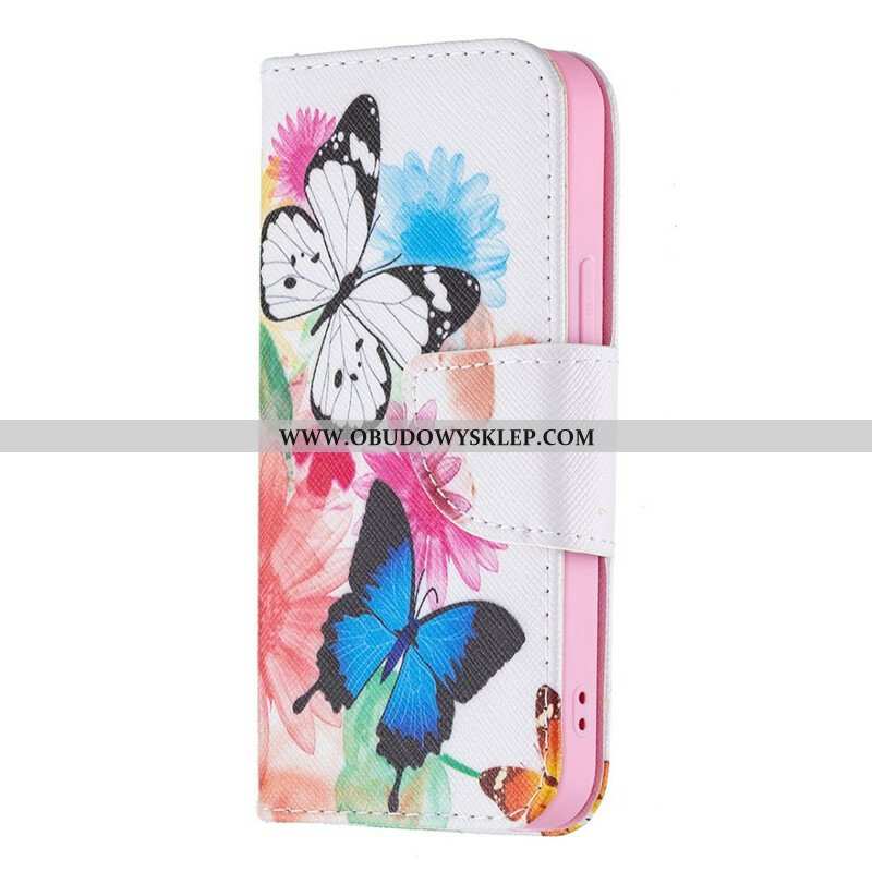 Etui Folio do iPhone 13 Mini Malowane Motyle I Kwiaty