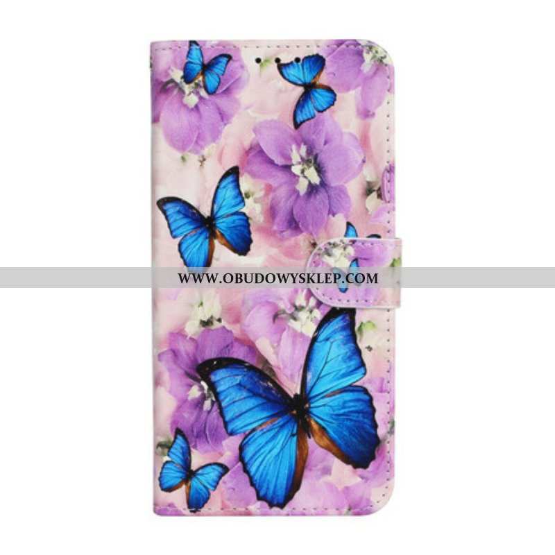 Etui Folio do iPhone 13 Mini Niebieskie Motyle W Kwiatach