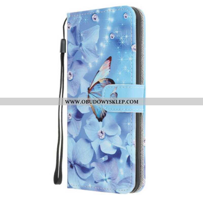 Etui Folio do iPhone 13 Pro z Łańcuch Diamentowe Motyle Na Ramiączkach