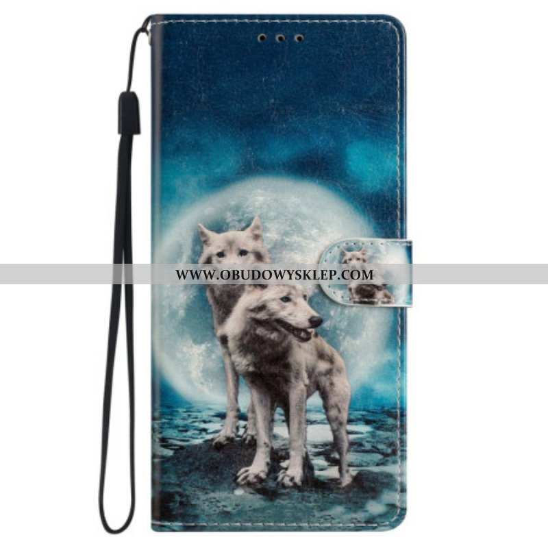 Etui Folio do iPhone 15 z Łańcuch Smycz Wilki Pod Księżycem