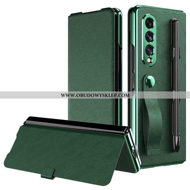 Etui Na Telefon do Samsung Galaxy Z Fold 3 5G Etui Folio Uchwyt I Pasek Ze Skóry Litchi W Stylu Litc