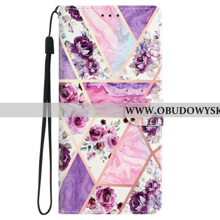 Etui Folio Do Samsung Galaxy S24 5g Marmurowe Fioletowe Kwiaty Z Paskiem