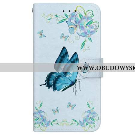 Etui Folio Do iPhone 16 Niebieski Motyl I Kwiaty Z Paskiem