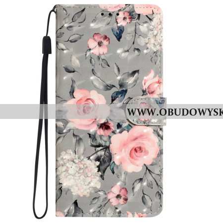 Etui Folio Do iPhone 16 Pro Różowe Kwiaty Na Szarym Tle Z Paskiem