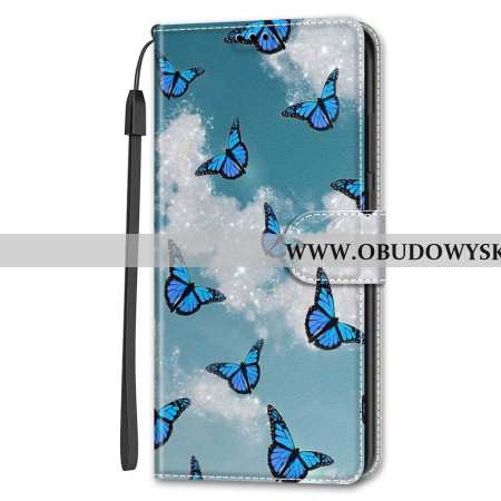 Etui Folio Samsung Galaxy S24 5g Białe Chmury I Niebieskie Motyle Z Paskiem Etui Ochronne