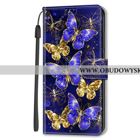 Etui Folio Samsung Galaxy S24 Plus 5g Złote I Fioletowe Motyle Z Paskiem Etui Ochronne